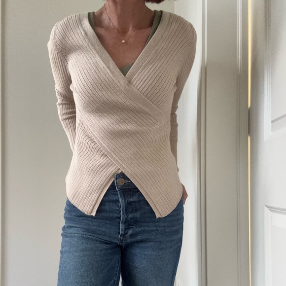 Shimmery Golden Ribbed Faux Wrap Sweater - Picture 3 of 9